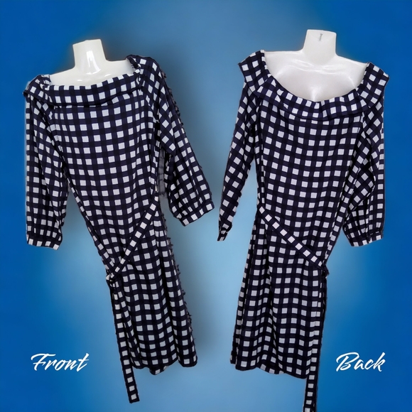 NWT!! Banana Republic Popular Navy Blue White Squares Off The Shoulder Dress!!💖 - Picture 7 of 11